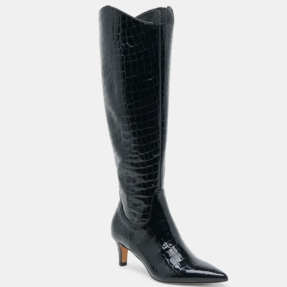 Black Croc-Embossed Knee-High Boots